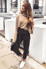Beige Knit Roll Neck Batwing Jumper - Fallon-Jumper