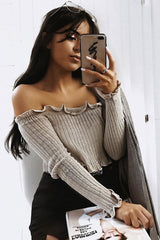 Beige Knitted Bardot Frill Crop Top - Kesia-Crop Tops