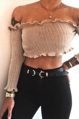 Beige Knitted Bardot Frill Crop Top - Kesia-Crop Tops