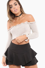 Beige Knitted Bardot Frill Crop Top - Kesia-Crop Tops