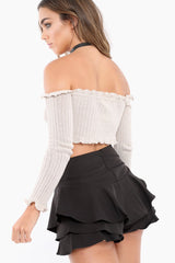 Beige Knitted Bardot Frill Crop Top - Kesia-Crop Tops