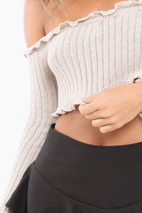 Beige Knitted Bardot Frill Crop Top - Kesia-Crop Tops