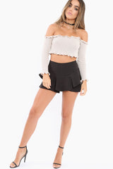 Beige Knitted Bardot Frill Crop Top - Kesia-Crop Tops