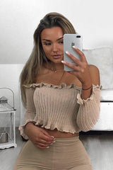 Beige Knitted Bardot Frill Crop Top - Kesia-Crop Tops