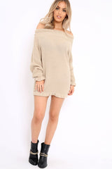 Beige Knitted Bardot Jumper Dress with Elasticated hems - Kirsty-Dresses