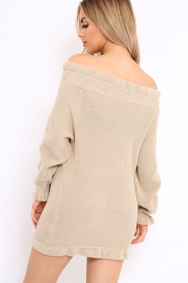 Beige Knitted Bardot Jumper Dress with Elasticated hems - Kirsty-Dresses