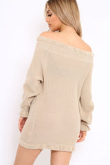 Beige Knitted Bardot Jumper Dress with Elasticated hems - Kirsty-Dresses
