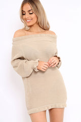 Beige Knitted Bardot Jumper Dress with Elasticated hems - Kirsty-Dresses