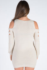 Beige Knitted Cold Shoulder Cut Out Jumper Dress - Sienna-Jumper