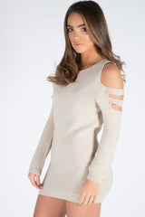 Beige Knitted Cold Shoulder Cut Out Jumper Dress - Sienna-Jumper