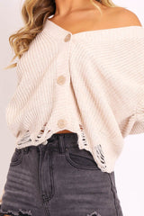 Beige Knitted Distressed Button Front Cardigan - Trudie-Cardigans
