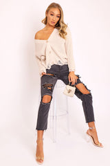 Beige Knitted Distressed Button Front Cardigan - Trudie-Cardigans