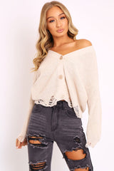 Beige Knitted Distressed Button Front Cardigan - Trudie-Cardigans