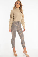 Beige Knitted Puff Arm High Neck Jumper - Lola-Jumper