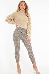 Beige Knitted Puff Arm High Neck Jumper - Lola-Jumper