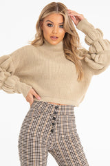 Beige Knitted Puff Arm High Neck Jumper - Lola-Jumper