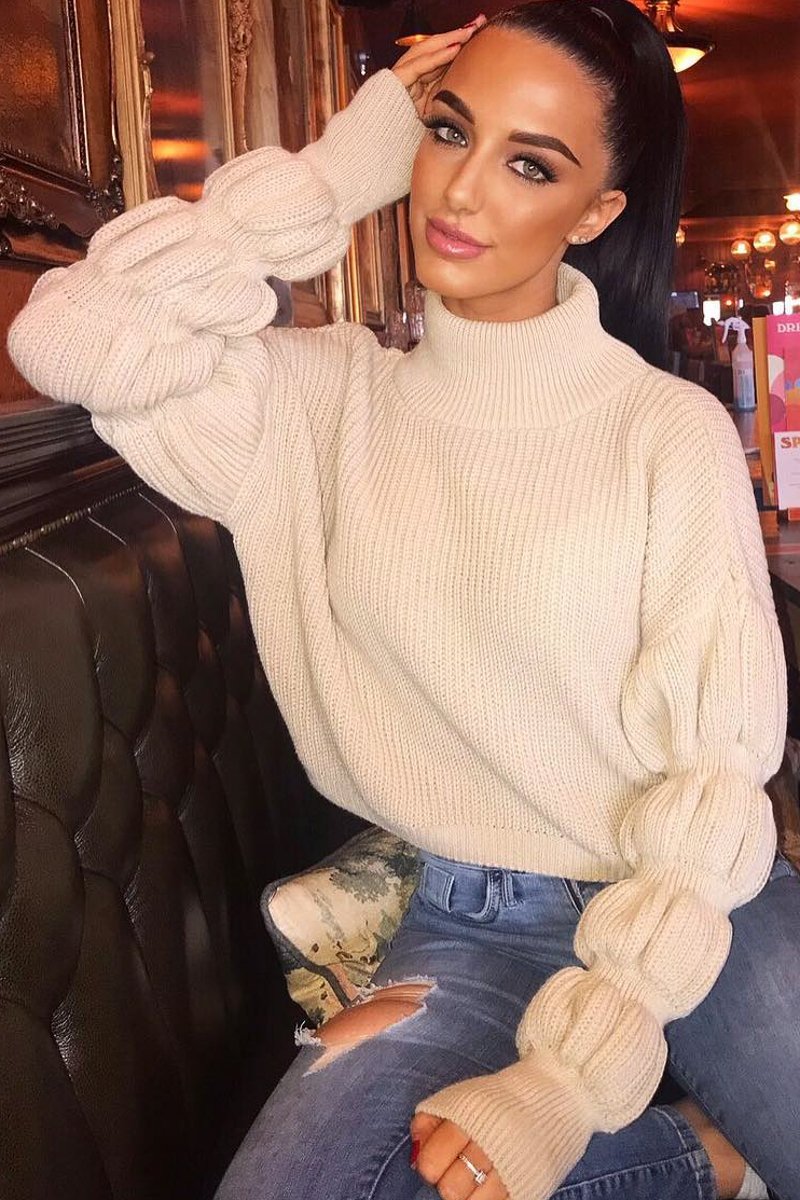 Beige Knitted Puff Arm High Neck Jumper - Lola-Jumper