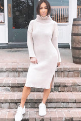 Beige Knitted Roll Neck Jumper Dress - Cecily-Dresses