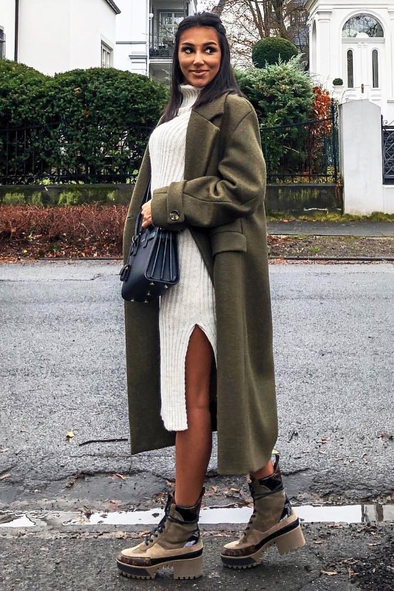 Beige Knitted Roll Neck Jumper Dress - Cecily-Dresses