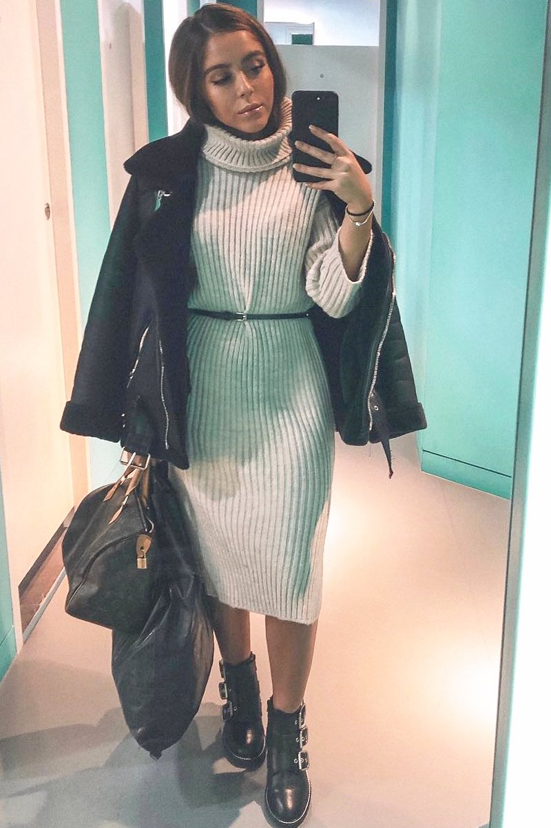 Beige Knitted Roll Neck Jumper Dress - Cecily-Dresses