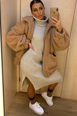 Beige Knitted Roll Neck Jumper Dress - Cecily-Dresses