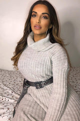 Beige Knitted Roll Neck Jumper Dress - Cecily-Dresses