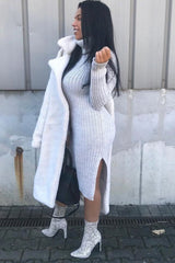 Beige Knitted Roll Neck Jumper Dress - Cecily-Dresses