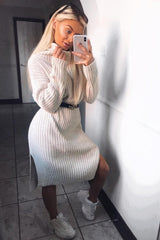 Beige Knitted Roll Neck Jumper Dress - Cecily-Dresses