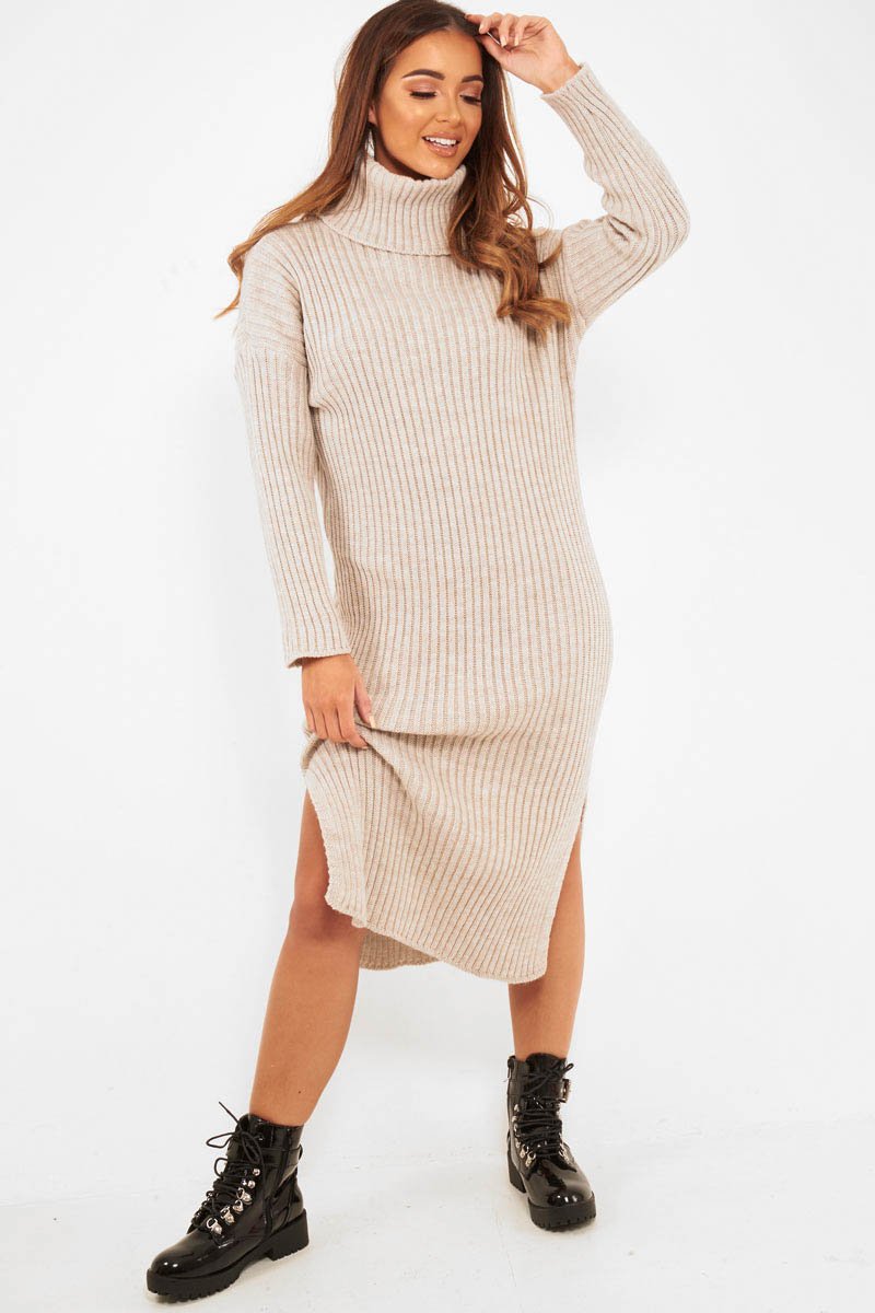 Beige Knitted Roll Neck Jumper Dress - Cecily-Dresses