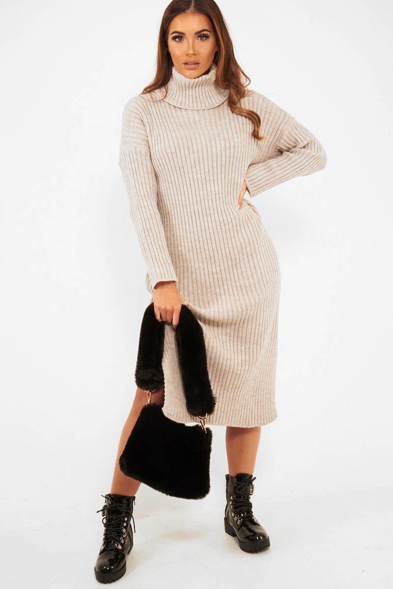 Beige Knitted Roll Neck Jumper Dress - Cecily-Dresses