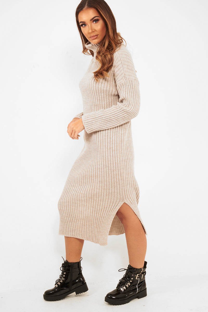 Beige Knitted Roll Neck Jumper Dress - Cecily-Dresses