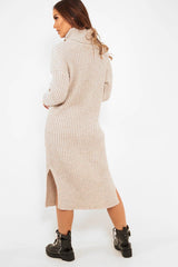 Beige Knitted Roll Neck Jumper Dress - Cecily-Dresses