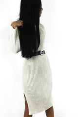 Beige Knitted Roll Neck Jumper Dress - Cecily-Dresses