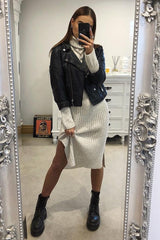 Beige Knitted Roll Neck Jumper Dress - Cecily-Dresses