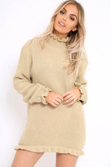 Beige Knitted Ruffle Jumper Dress with Elasticated hems - Velma-Dresses