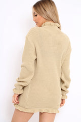 Beige Knitted Ruffle Jumper Dress with Elasticated hems - Velma-Dresses