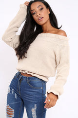 Beige Knitted Ruffle Jumper with Elasticated hems - Eve-Jumper
