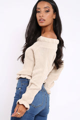 Beige Knitted Ruffle Jumper with Elasticated hems - Eve-Jumper