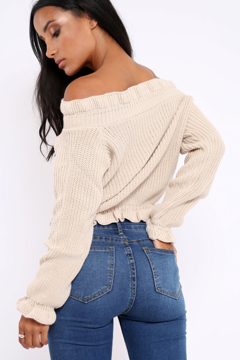 Beige Knitted Ruffle Jumper with Elasticated hems - Eve-Jumper