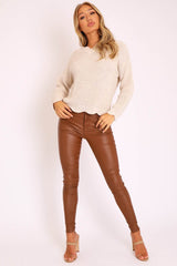 Beige Knitted Scallop Edge Plunge Neckline Jumper - Lylia-Jumper