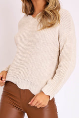 Beige Knitted Scallop Edge Plunge Neckline Jumper - Lylia-Jumper