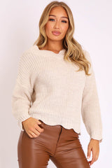 Beige Knitted Scallop Edge Plunge Neckline Jumper - Lylia-Jumper