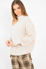 Beige Knitted Slash Neck Off Shoulder Jumper - Hazel-Jumper