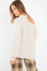 Beige Knitted Slash Neck Off Shoulder Jumper - Hazel-Jumper