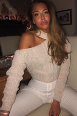Beige Knitted Slash Neck Off Shoulder Jumper - Hazel-Jumper