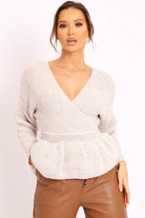 Beige Knitted Wrap Front Plunge Peplum Jumper - Samara-Knitwear