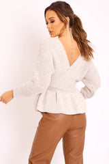Beige Knitted Wrap Front Plunge Peplum Jumper - Samara-Knitwear