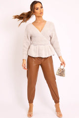 Beige Knitted Wrap Front Plunge Peplum Jumper - Samara-Knitwear
