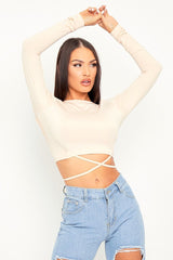 Beige Lace Up Back Long Sleeve Crop Top - Malaina-Crop Tops