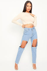 Beige Lace Up Back Long Sleeve Crop Top - Malaina-Crop Tops